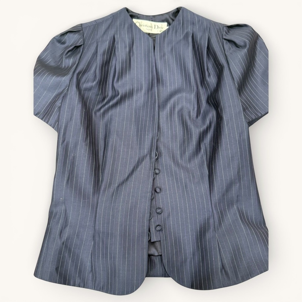 Christian Dior Pinstripe Wool Silk Blouse Navy Blue Puff Sleeve‎ 18” P2P Size 12